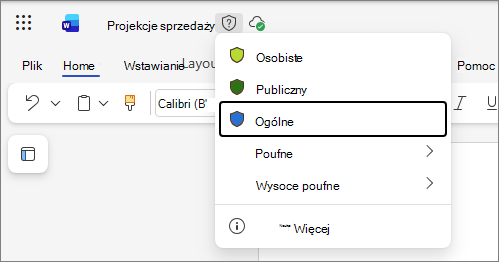 Lista rozwijana etykiet poufności w Office dla sieci web przy użyciu przykładowego dokumentu Word i standardowych nazw etykiet
