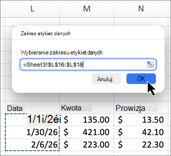 Zrzut ekranu przedstawiający zakres etykiet danych komputerów Mac w programie Excel.