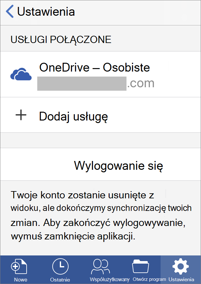 Wyświetla opcję Wyloguj się z usługi Office dla systemu iOS