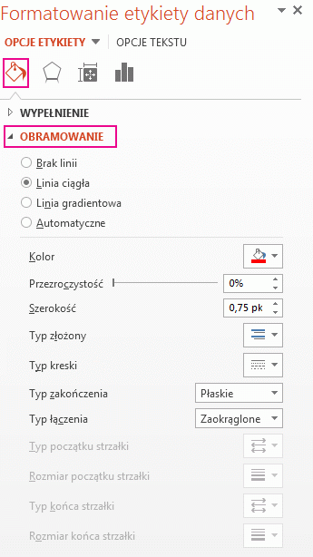 Karta Wypełnienie i linia w okienku opcji Formatowanie etykiety danych