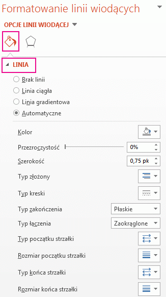 Ikona Linia w okienku opcji Formatowanie linii wiodących