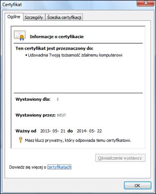 Okno dialogowe Certyfikat