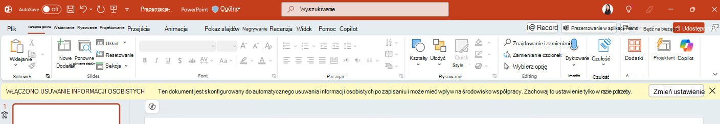 Powiadomienie o usunięciu informacji osobistych Włączone w aplikacji PowerPoint