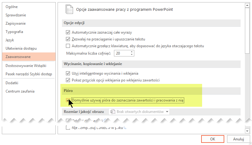 Aby domyślnie wyłączyć pisanie odręczne, wybierz opcję domyślnie Użyj pióra do zaznaczania zawartości i interakcji z nią.