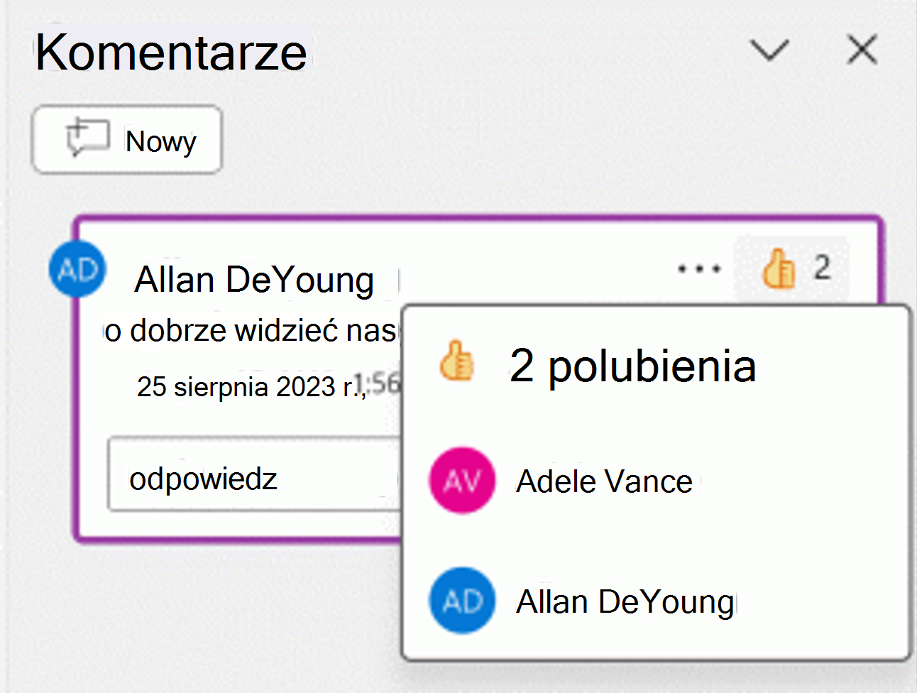Zrzut ekranu przedstawiający reakcję kciuka w górę na komentarz