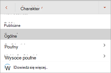 Zrzut ekranu przedstawiający etykiety poufności w Office dla systemu Android