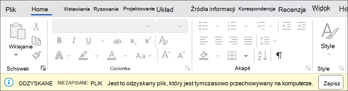 Zrzut ekranu przedstawiający odzyskiwanie sesji w programie Word z informacją Odzyskaj niezapisany plik: jest to odzyskany plik, który jest tymczasowo przechowywany na komputerze. Obok niego znajduje się przycisk zapisz.