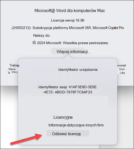 Lokalizowanie przycisku Aktualizuj licencję w programie Microsoft Word w systemie MacOS.