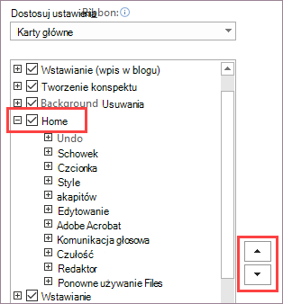Zmienianie kolejności elementów na wstążce