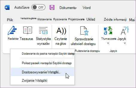 Wybierz pozycję Dostosuj wstążkę
