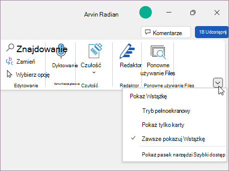 Menu opcji wyświetlania wstążki