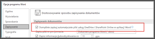 Okno dialogowe zapisywania opcji > pliku > z wyświetlonym polem wyboru do włączania lub wyłączania autozapisu