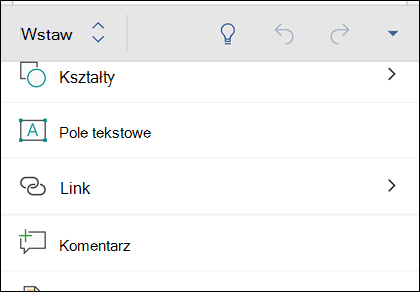 Menu Wstaw umożliwia wstawianie kształtów, linków, komentarzy i innych elementów.