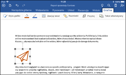 Aplikacja Word dla systemu iOS wyświetlająca kartę Edytowanie grafiki