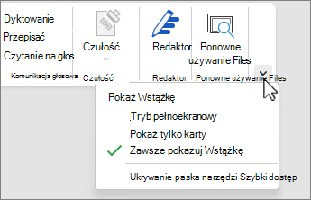 Menu opcji wyświetlania wstążki