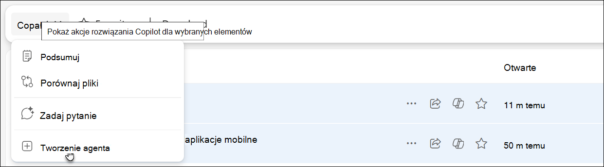 Zrzut ekranu przedstawiający sposób uzyskiwania dostępu do agenta i tworzenia go w usłudze OneDrive.