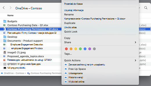 Pokazuje ekran usługi OneDrive z otwartym menu.