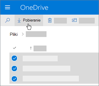 Zrzut ekranu przedstawiający wybieranie plików usługi OneDrive i pobieranie ich.