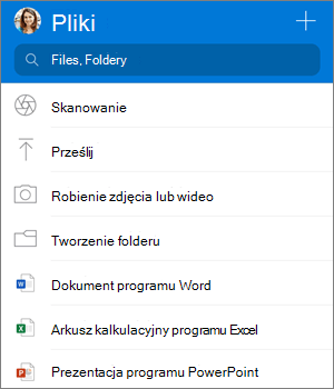 Zrzut ekranu przedstawiający menu Dodawanie w aplikacji OneDrive dla systemu iOS