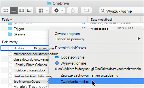 Zrzut ekranu przedstawiający opcje usługi OneDrive Files na żądanie w programie Finder na komputerze Mac