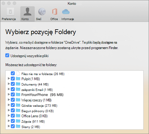 Okno dialogowe Wybieranie folderów w oknie preferencji OneDrive dla Mac