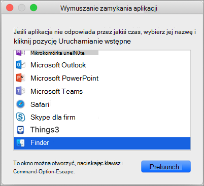 Zrzut ekranu przedstawiający program Finder w oknie dialogowym Wymuszanie zamknięcia aplikacji na komputerze Mac