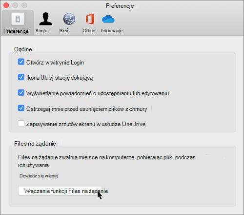 Zrzut ekranu przedstawiający preferencje na komputerze Mac dla usługi OneDrive Files na żądanie
