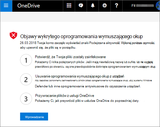 Zrzut ekranu Oznaki wykrycia oprogramowania wymuszającego okup w witrynie internetowej usługi OneDrive
