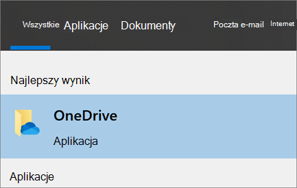 Zrzut ekranu przedstawiający wyszukiwanie aplikacji klasycznej OneDrive w systemie Windows 10