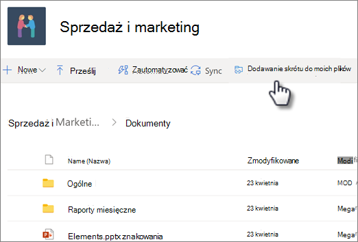 Zrzut ekranu przedstawiający dodawanie skrótu do usługi OneDrive z biblioteki udostępnionej