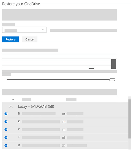 Zrzut ekranu pokazujący korzystanie z wykresu aktywności oraz kanał aktywności w celu zaznaczenia aktywności w funkcji przywracania usługi OneDrive