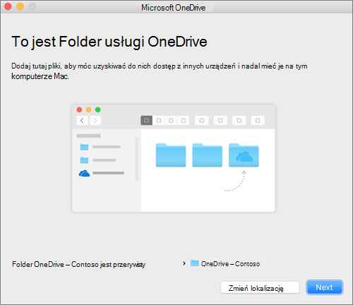 Zrzut ekranu To jest folder usługi OneDrive po wybraniu folderu w kreatorze OneDrive — Zapraszamy! na komputerze Mac
