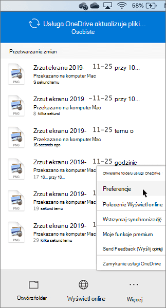 Zrzut ekranu przedstawiający ustawianie preferencji osobistych usługi OneDrive