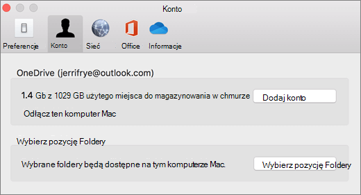 Zrzut ekranu przedstawiający dodawanie konta w preferencjach usługi OneDrive na komputerze Mac