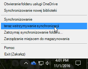 Zrzut ekranu przedstawiający poprzednie menu usługi OneDrive dla Firm z wybranym poleceniem Wstrzymaj synchronizację.