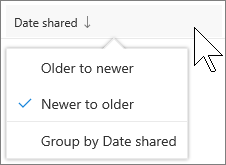 Zrzut ekranu przedstawiający soring według kolumny w widoku Udostępnione dla mnie w OneDrive dla Firm