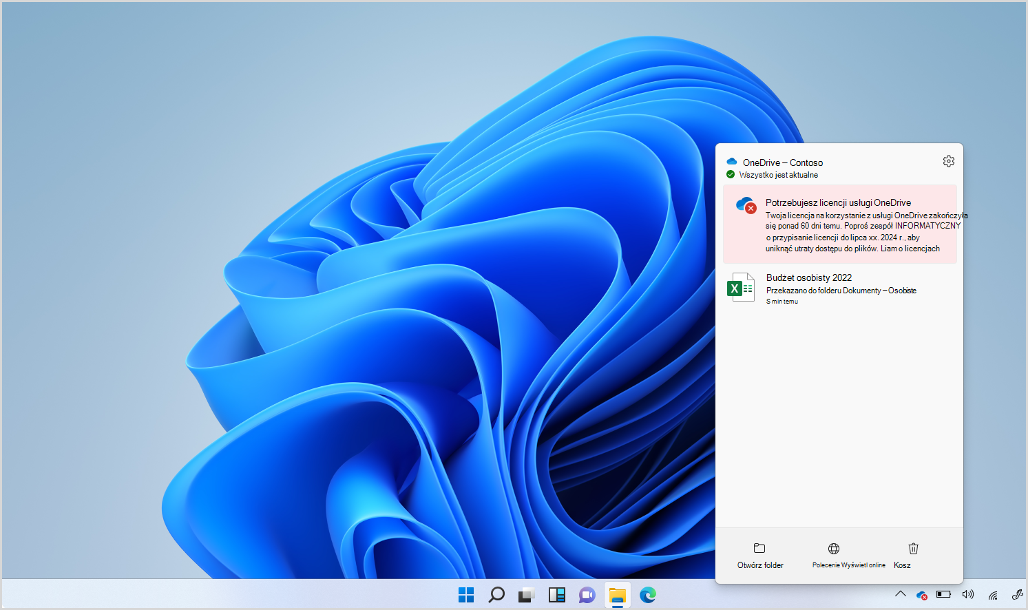 Zrzut ekranu pulpitu Windows przedstawiający powiadomienie o trybie tylko do odczytu po przejściu usługi OneDrive w tryb tylko do odczytu przez 60–92 dni.