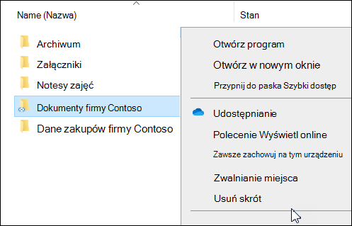 Usuwanie skrótu w usłudze OneDrive w Eksplorator plików