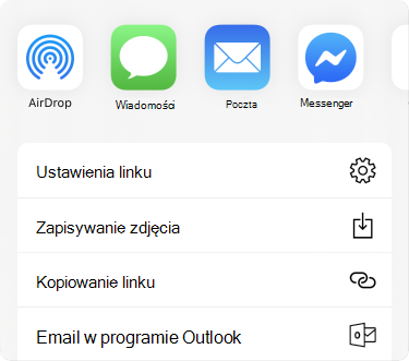 Menu Udostępnij z aplikacjami u góry i listą opcji udostępniania znajdującą się poniżej tych aplikacji.
