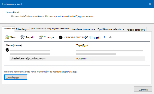 Okno dialogowe ustawień konta programu Outlook