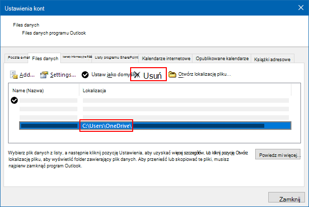 Okno dialogowe plików danych programu Outlook