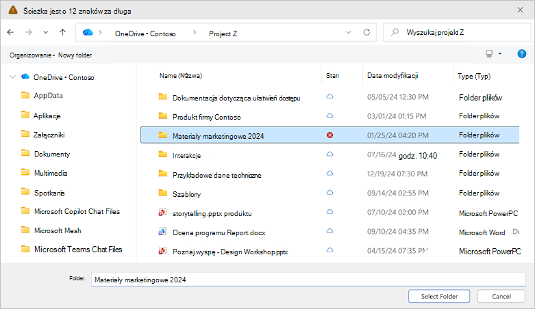 Zrzut ekranu przedstawiający okno dialogowe wybierania folderu w usłudze OneDrive.