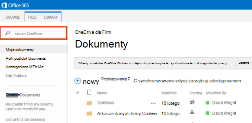 Zrzut ekranu przedstawiający pole zapytania usługi OneDrive w usłudze Office 365.