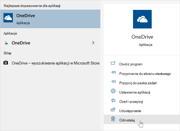 Odinstalowywanie aplikacji Ze Sklepu OneDrive