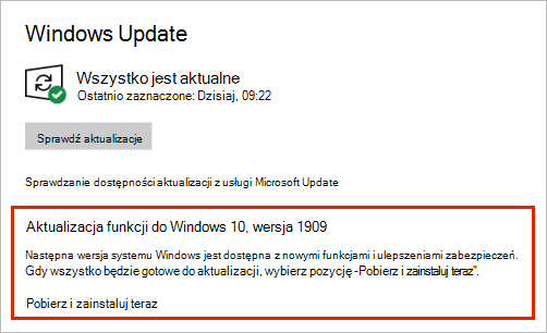Windows Update z wyświetlonym położeniem aktualizacji funkcji