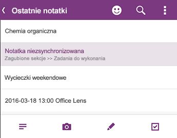Lista Ostatnie notatki w OneNote dla systemu Android