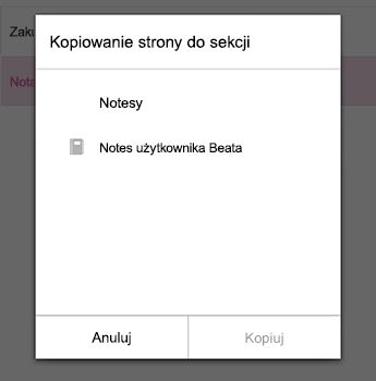 Menu Kopiuj stronę w OneNote dla systemu Android