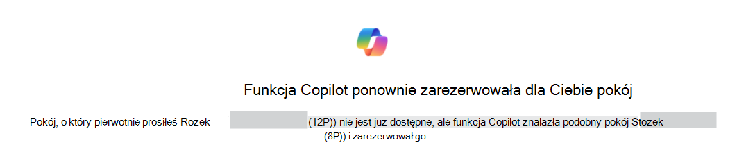 Przykład funkcji Copilot, która ponownie zarezerwowała pokój dla potwierdzenia identyfikacji oryginalnego i zastępczego pokoju.