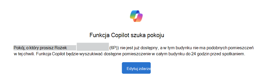 Przykładem funkcji Copilot jest wyszukiwanie powiadomienia o pokoju za pomocą przycisku Edytuj zdarzenie.