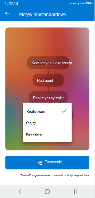 Ekran przedstawiający selektor listy rozwijanej używanej do dopasowywania konfigurowalnych atrybutów motywu niestandardowego w aplikacji Outlook dla systemu Android